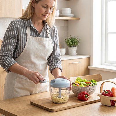 Femme utilise le hachoir Easymincer pour hacher.