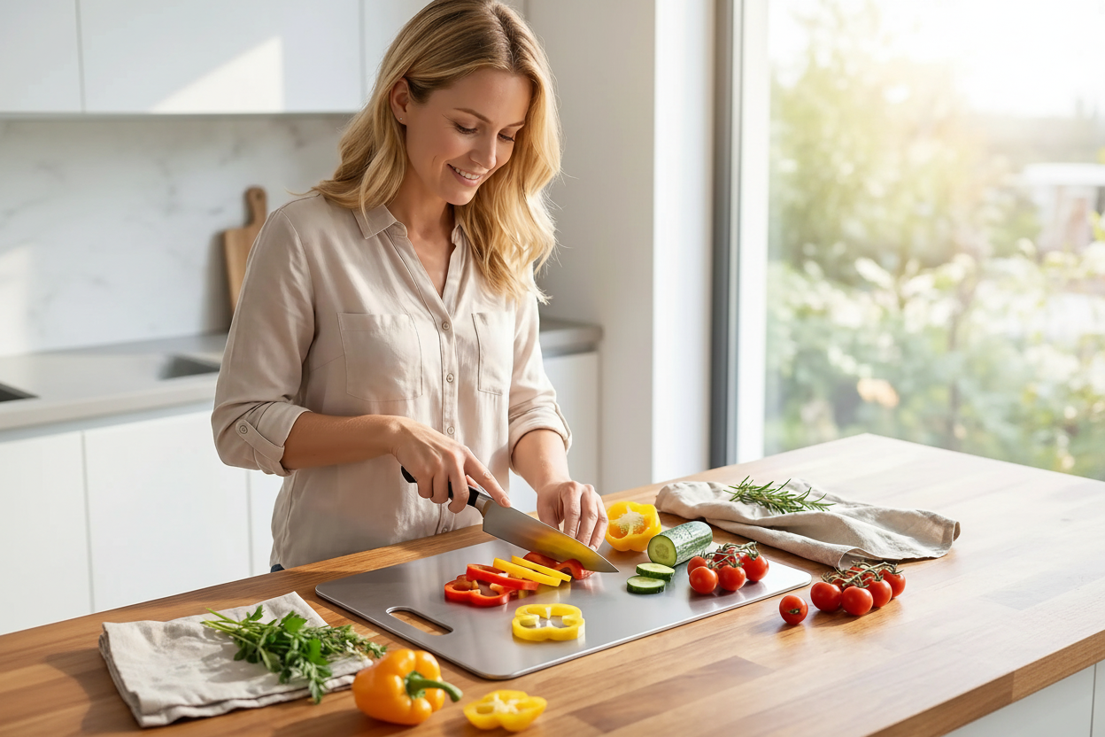 femme utilise la planche à découper inox antibactérienne