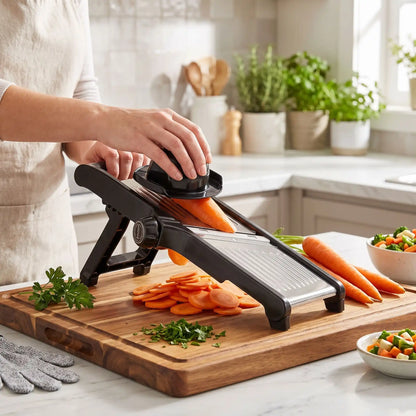 femme utilise mandoline cuisine quick slice