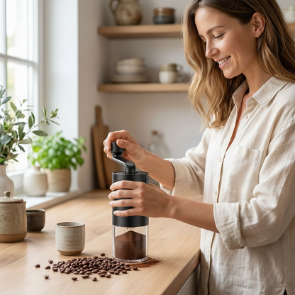 femme utilise moulin à café Silencieux Compact