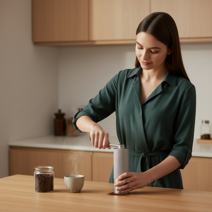 femme utilise moulin à café fast grinding