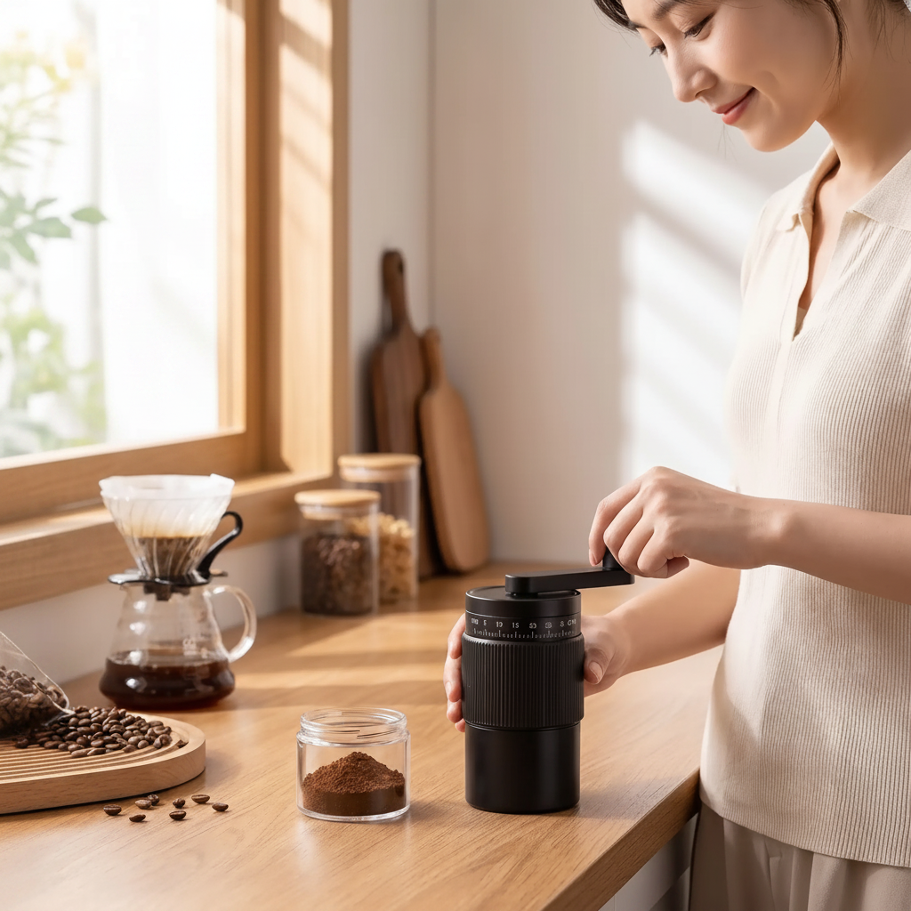 femme utilise moulin à café mandato