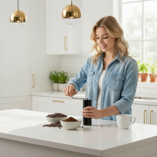 femme utilise moulin à café manuel Nomade Ultra Léger