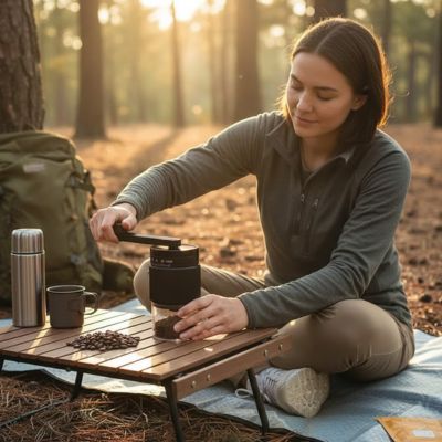 femme utilise moulin à café manuel précision au camping
