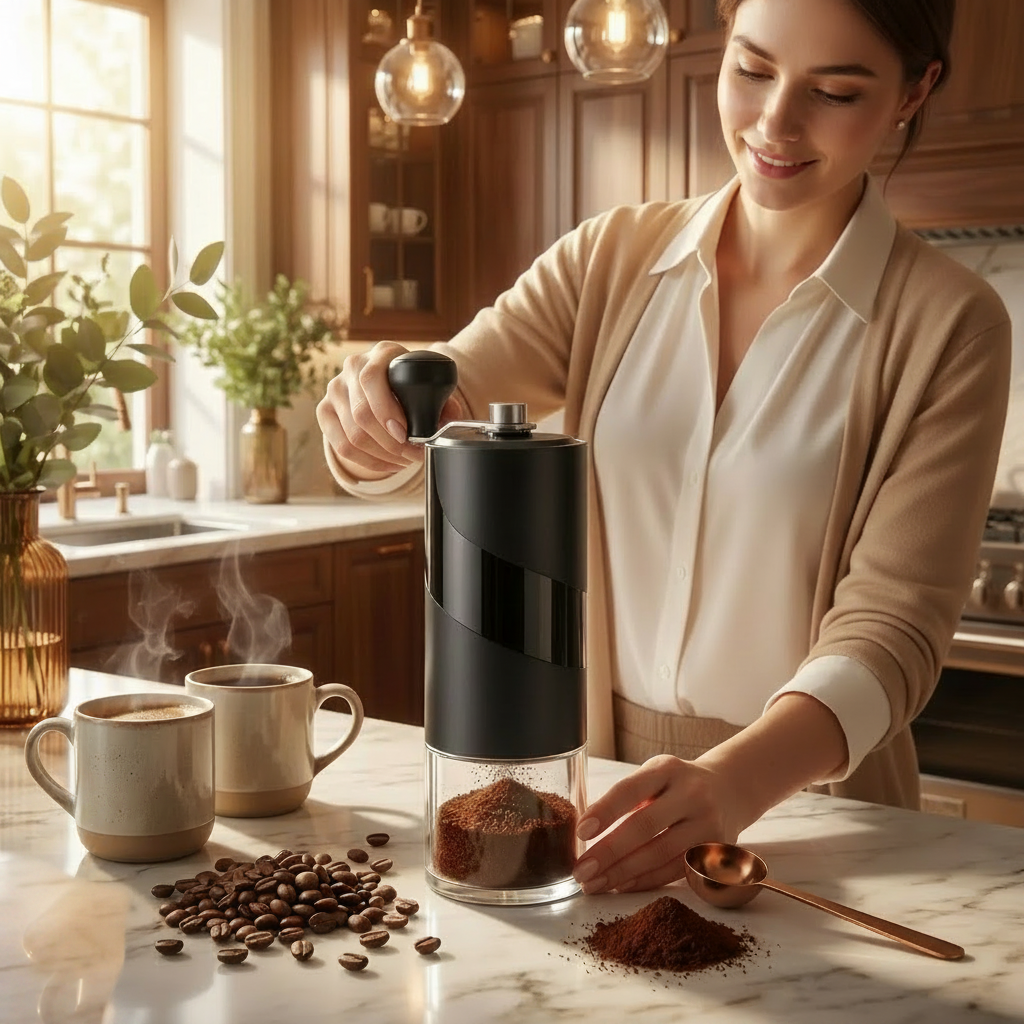 femme utilise moulin à café manuel pro