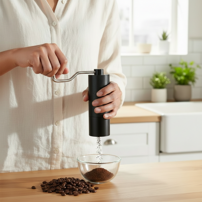 femme utilise moulin à café manuel réglable