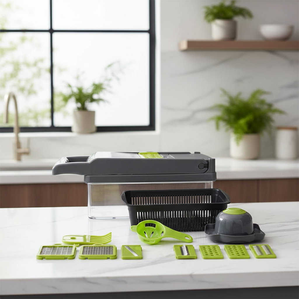 hachoir quickchop couleur gris vert déposé sur comptoir