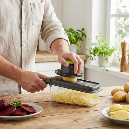 hachoir quickchop utilisé par  homme pour râper pomme de terre