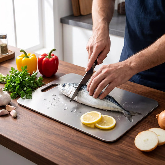 homme coupe poisson sur planche a decouper en titane titanecut pro