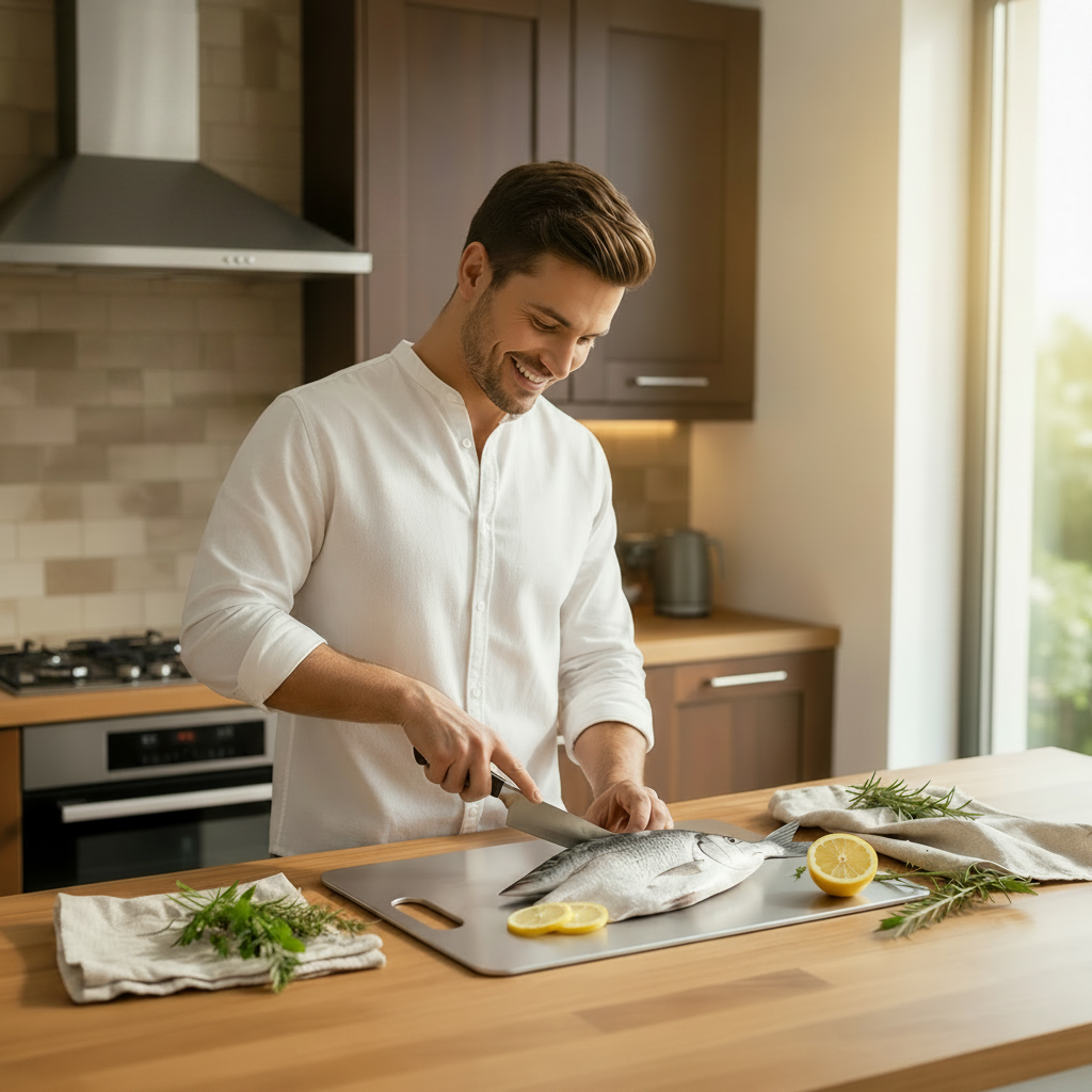 homme coupe poisson sur  planche a decouper inox antibactérienne