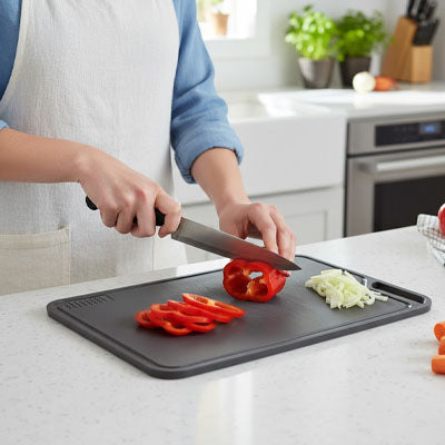 homme coupe poivron sur planche à découper durable