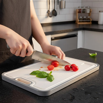 homme coupe tomates sur planche a decouper double face