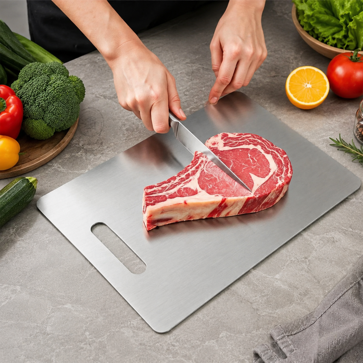 homme coupe viande sur planche a decouper en titane titanecut pro