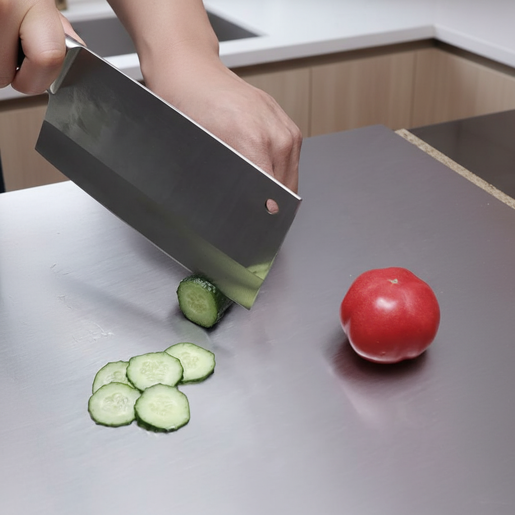 homme découpe concombre sur planche a decouper steelcut pro