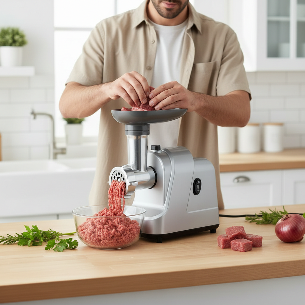 homme hachant la viande avec hachoir a viande meatpro