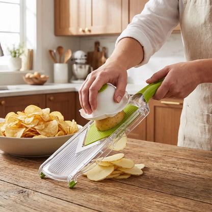 homme prépare chips maison mandoline cuisine thinslice