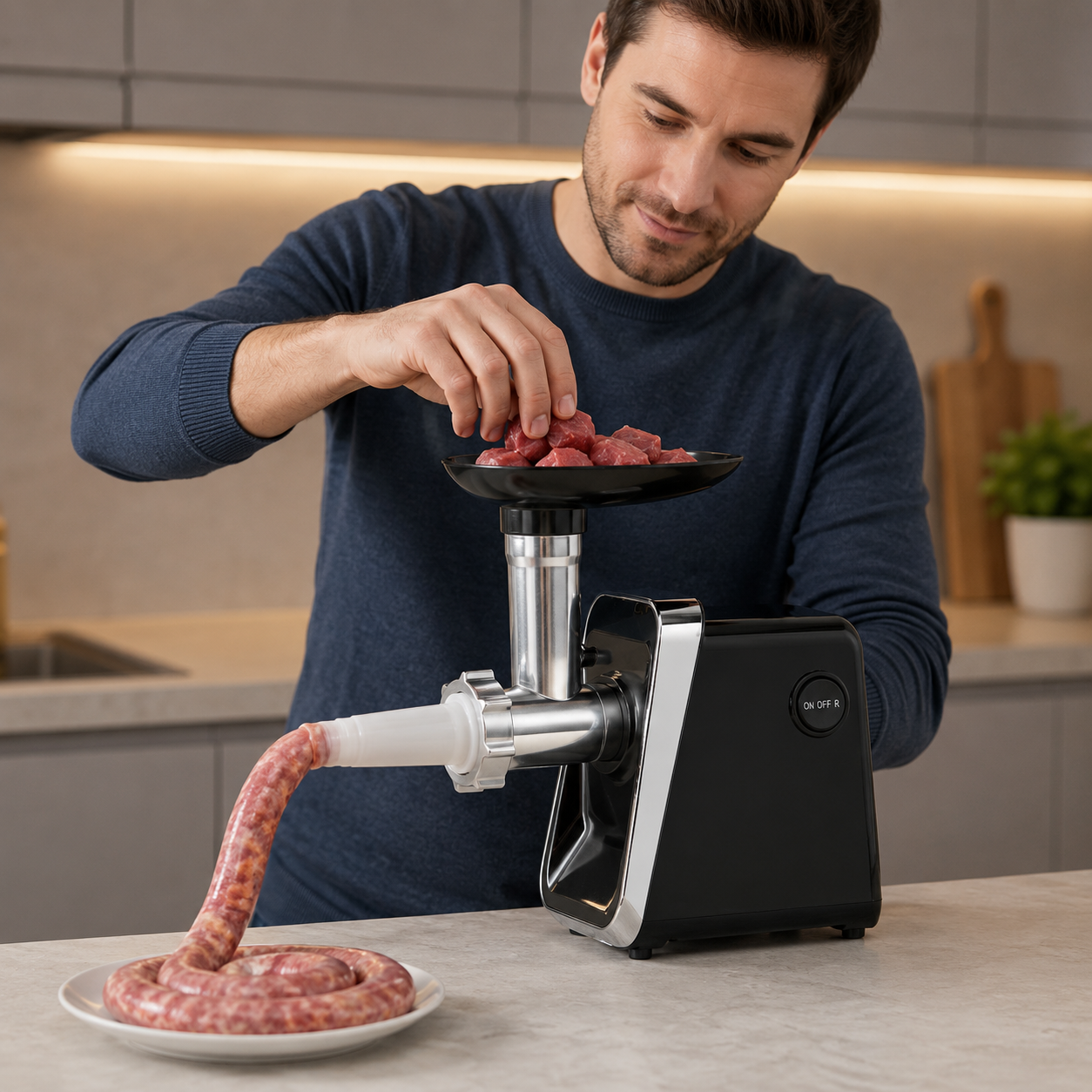 homme prépare saucisse dans hachoir a viande grindforce