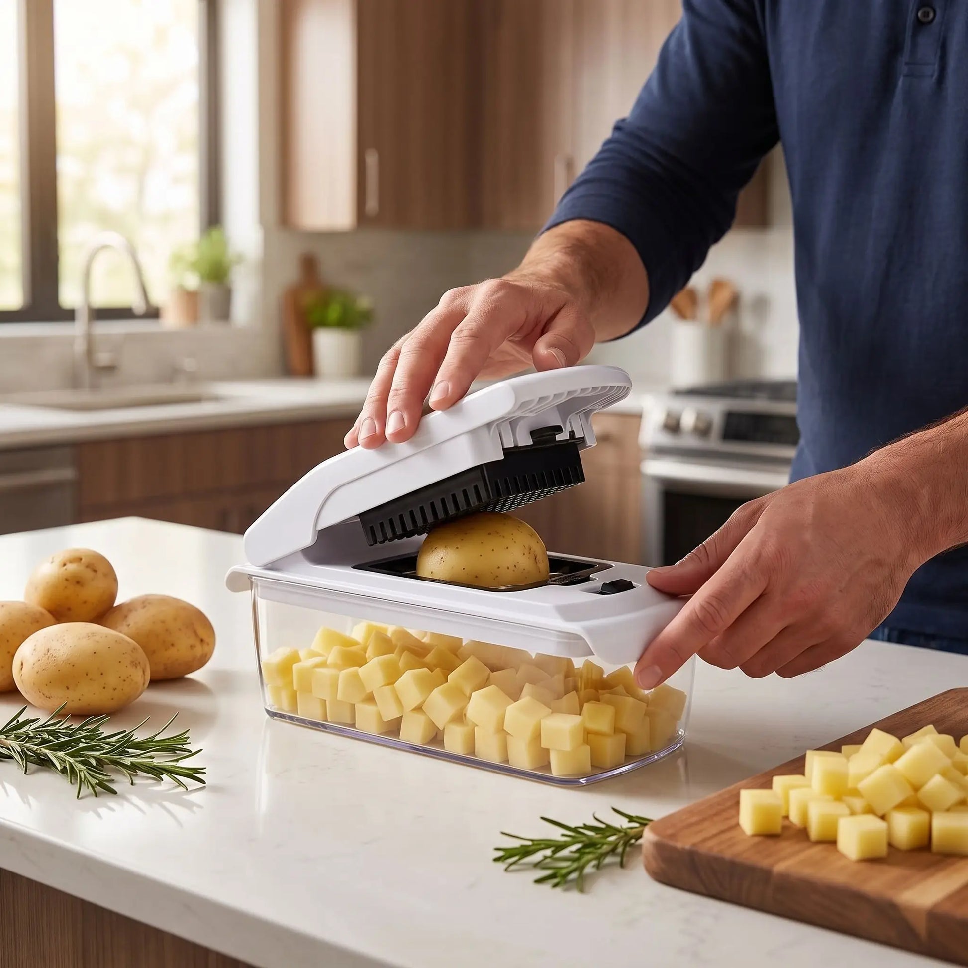 homme tranche pomme de terre dans mandoline cuisine multichop po