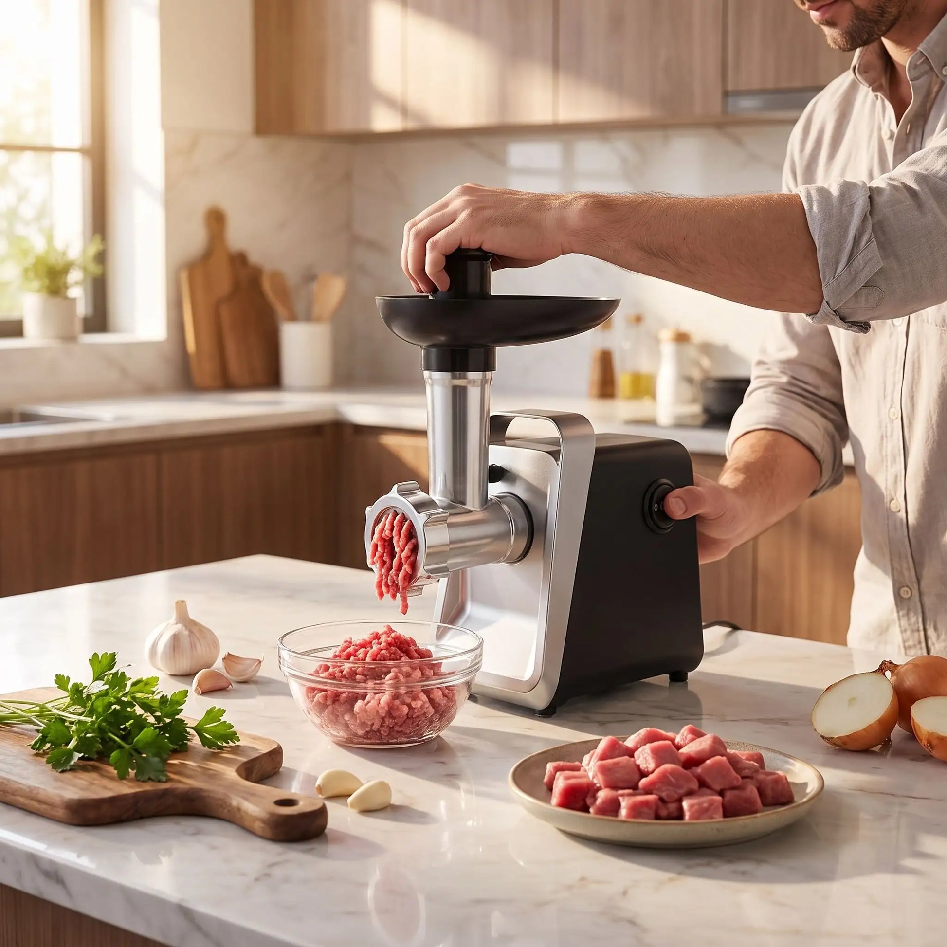 homme utilise hachoir a viande grindforce