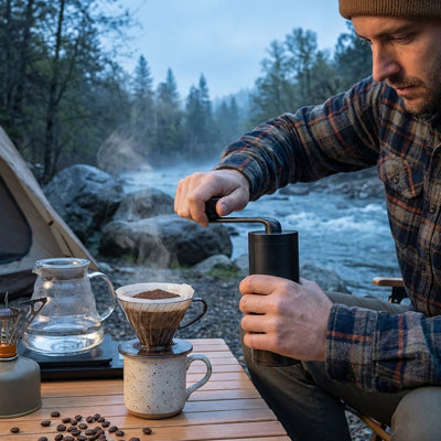 homme utilise le moulin à café compact céramique au camping
