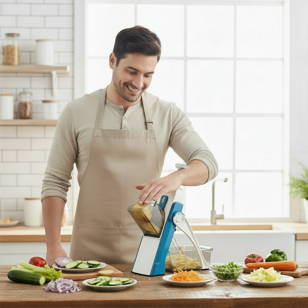 homme utilise mandoline professionnelle multifonction sécurisée