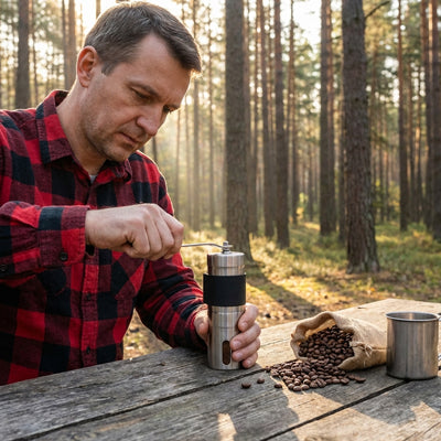 homme utilise moulin à café cortado sur table de camping