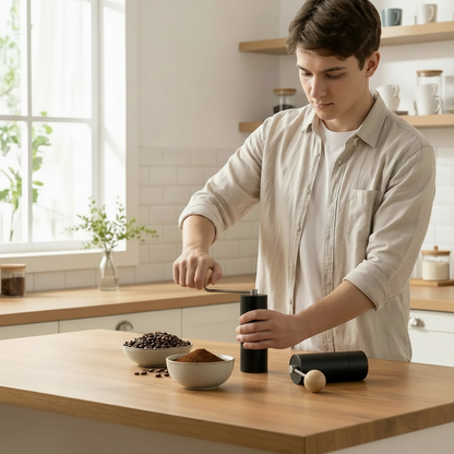 homme utilise moulin à café manuel Nomade ultra léger.