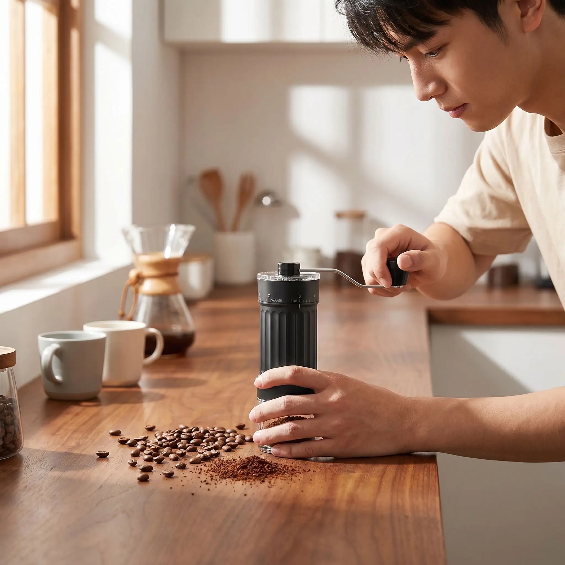 homme utilise moulin à café manuel grinding pro
