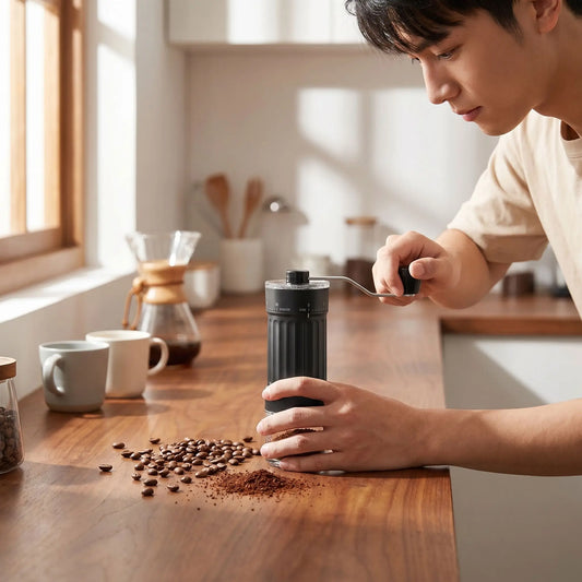 homme utilise moulin à café manuel grinding pro