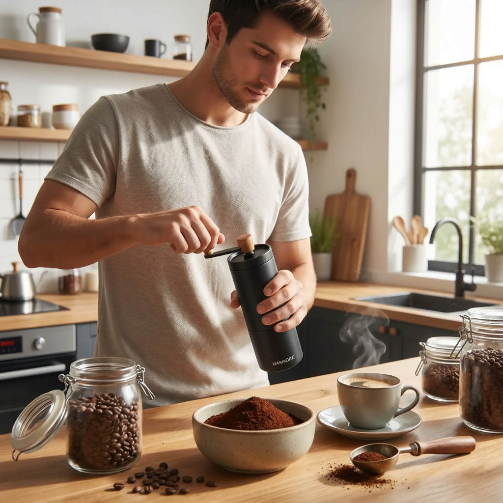 homme utilise moulin à café manuel réglable