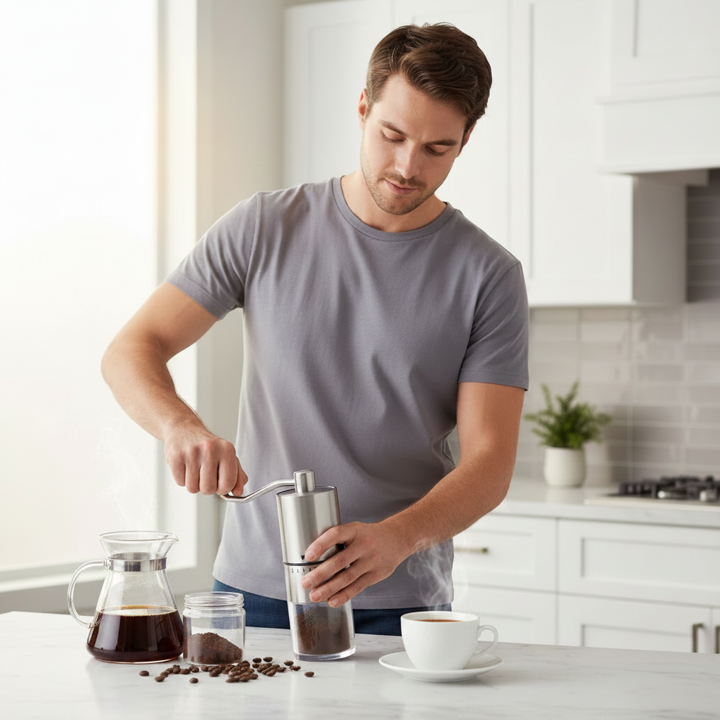 homme utilise moulin à café nomade