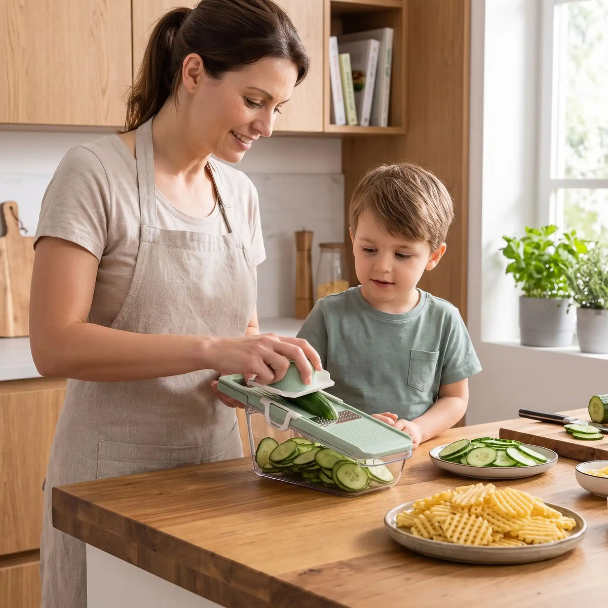 maman découpe concombre sur cuisine mandoline safeprep