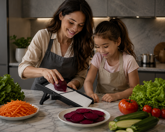 maman et  sa fille utilisent mandoline cuisine multifonctionnel quick slice