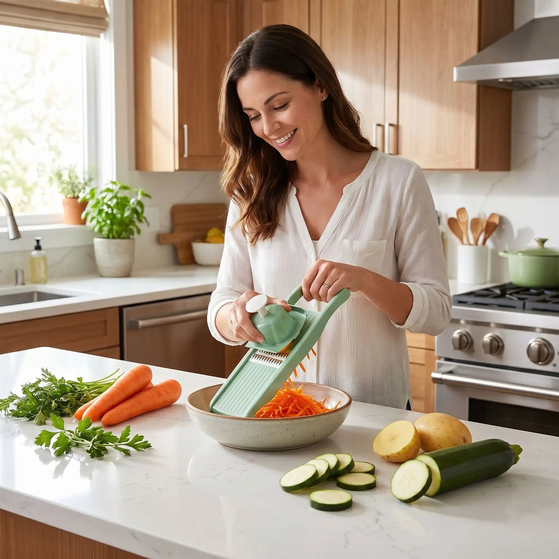 maman râpe- des carottes sur cuisine mandoline multifonctionnelle 5 lames