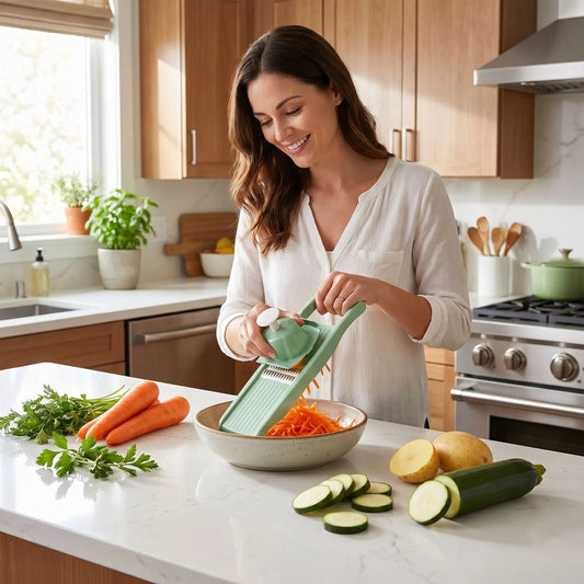 maman râpe- des carottes sur cuisine mandoline multifonctionnelle 5 lames