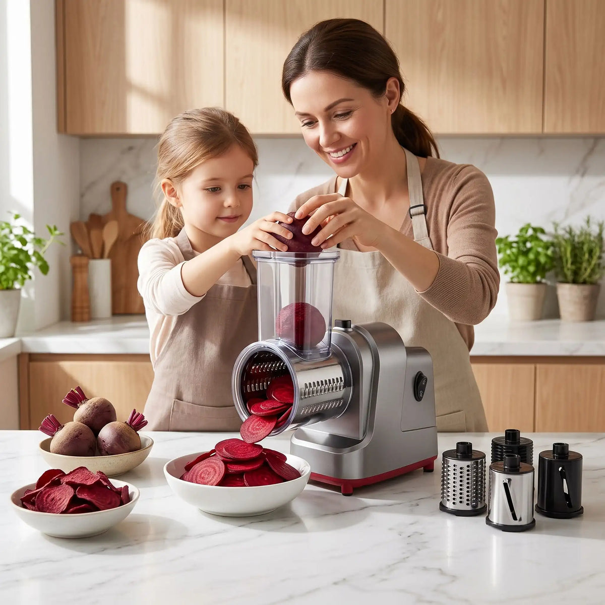maman sa fille prépare  betteraves chips mandoline electrique râpepro