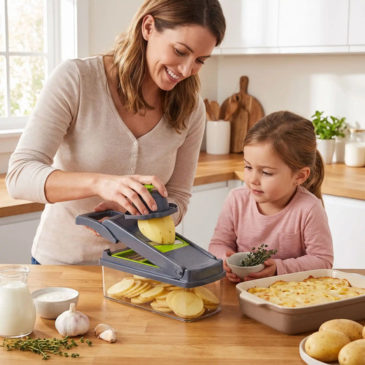 maman sa fille  tranche pomme de terre sur mandoline cuisine slicepro