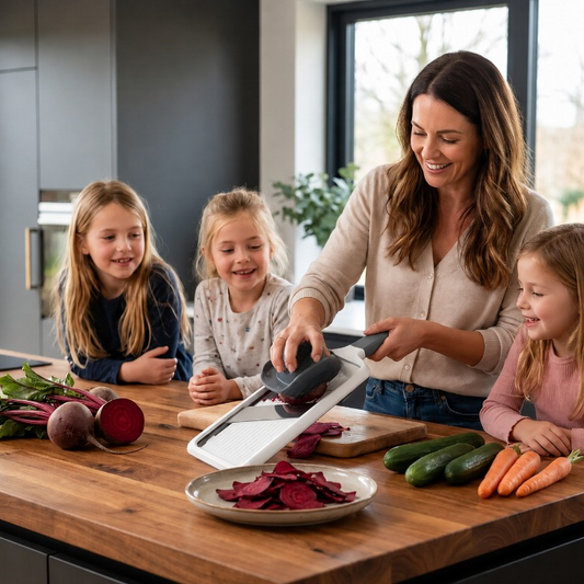 maman ses filles préparent  chips de betteraves mandoline cuisine trioslice