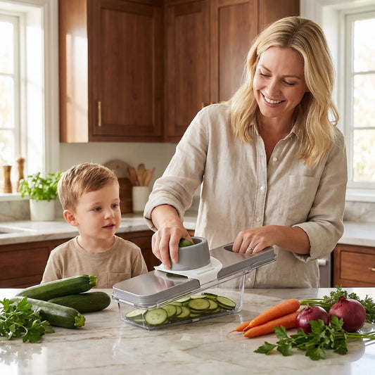 maman son fils tranche concombre sur mandoline professionnelle sliceguard