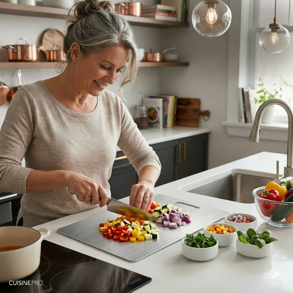 Maman utilise une planche à découper en inox 316 hygiénique.