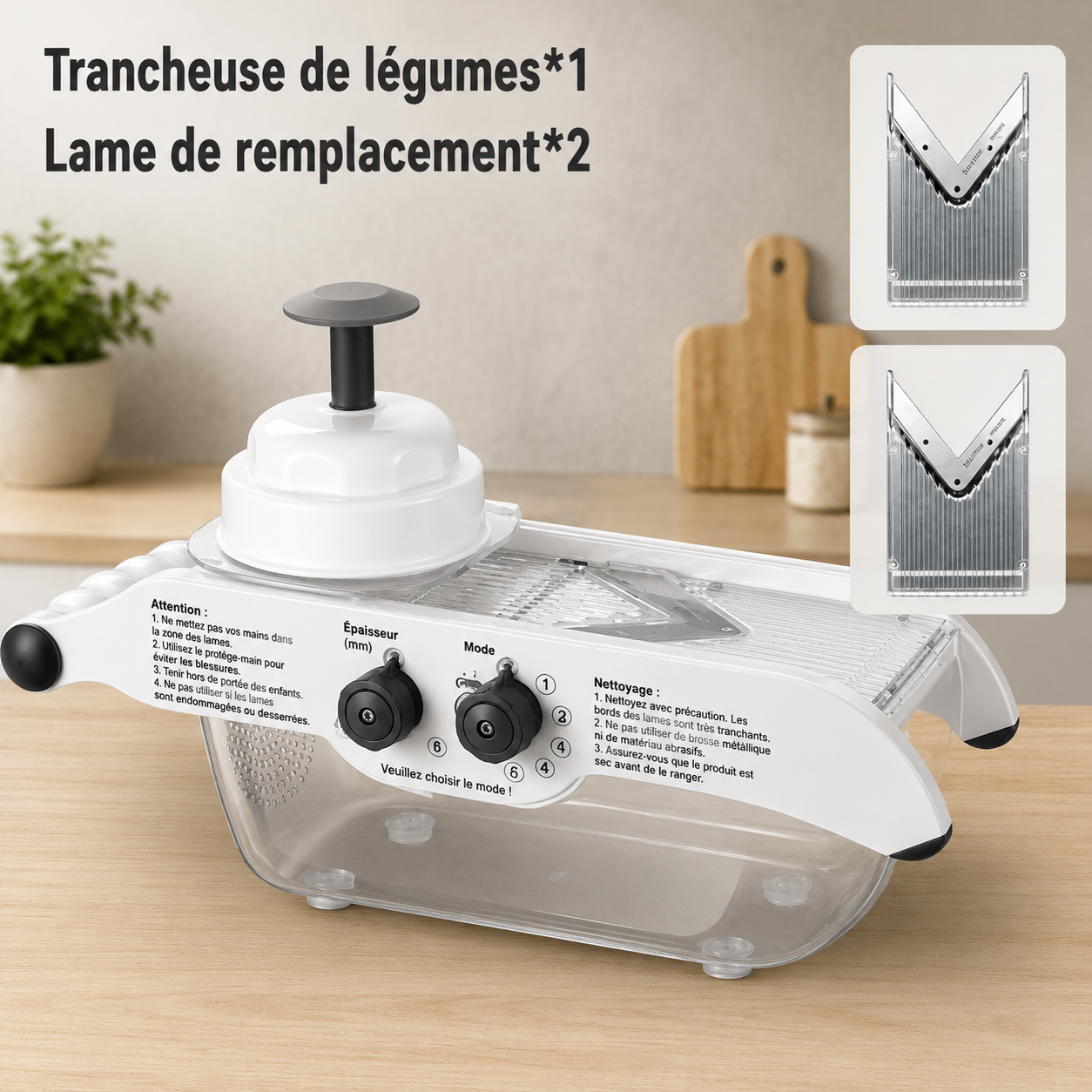 mandoline cuisine safety push avec deux lames de remplacement
