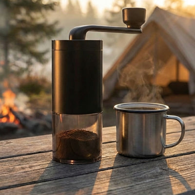 moulin à café compact céramique avec une tasse sur la table de camping