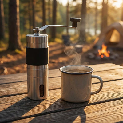 moulin à café cortado sur table de camping