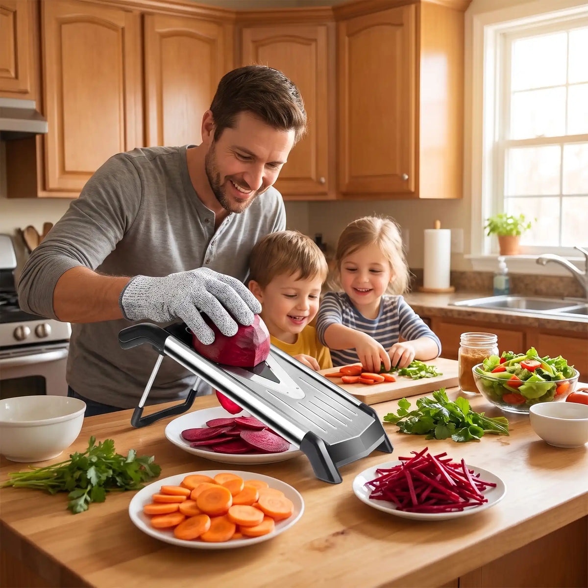 papa deux enfants tranche betteraves sur mandoline cuisine safeslice