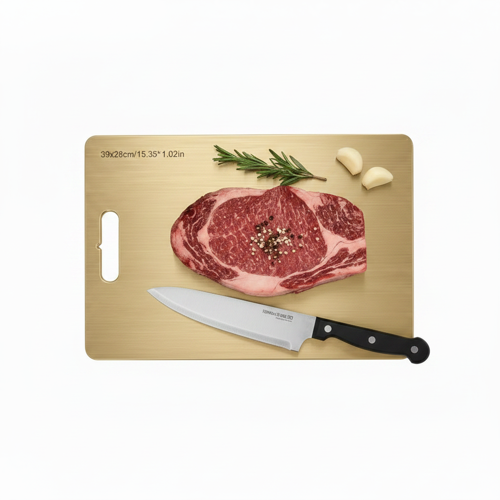 planche a decouper en titane inox indestructible doré 39x28cm