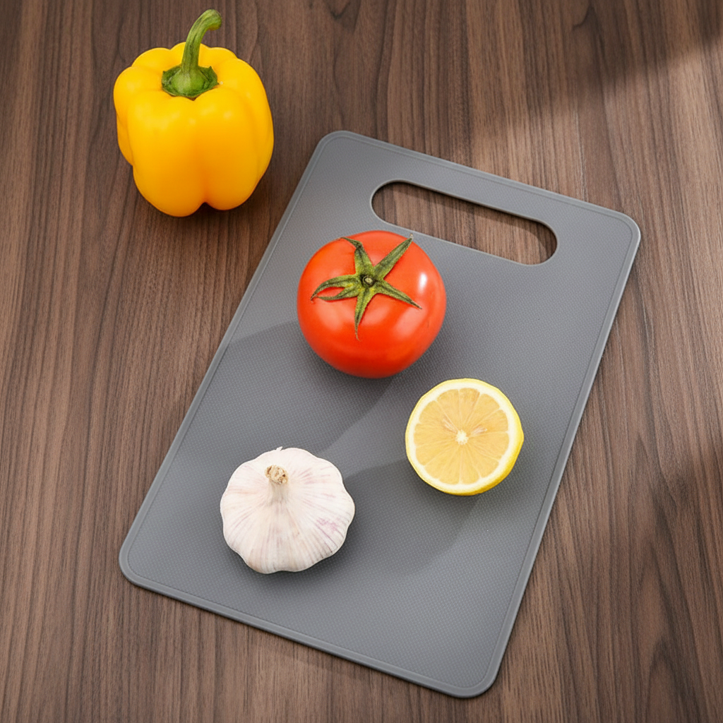 planche à decouper polypropyléne gris sur comptoir en bois