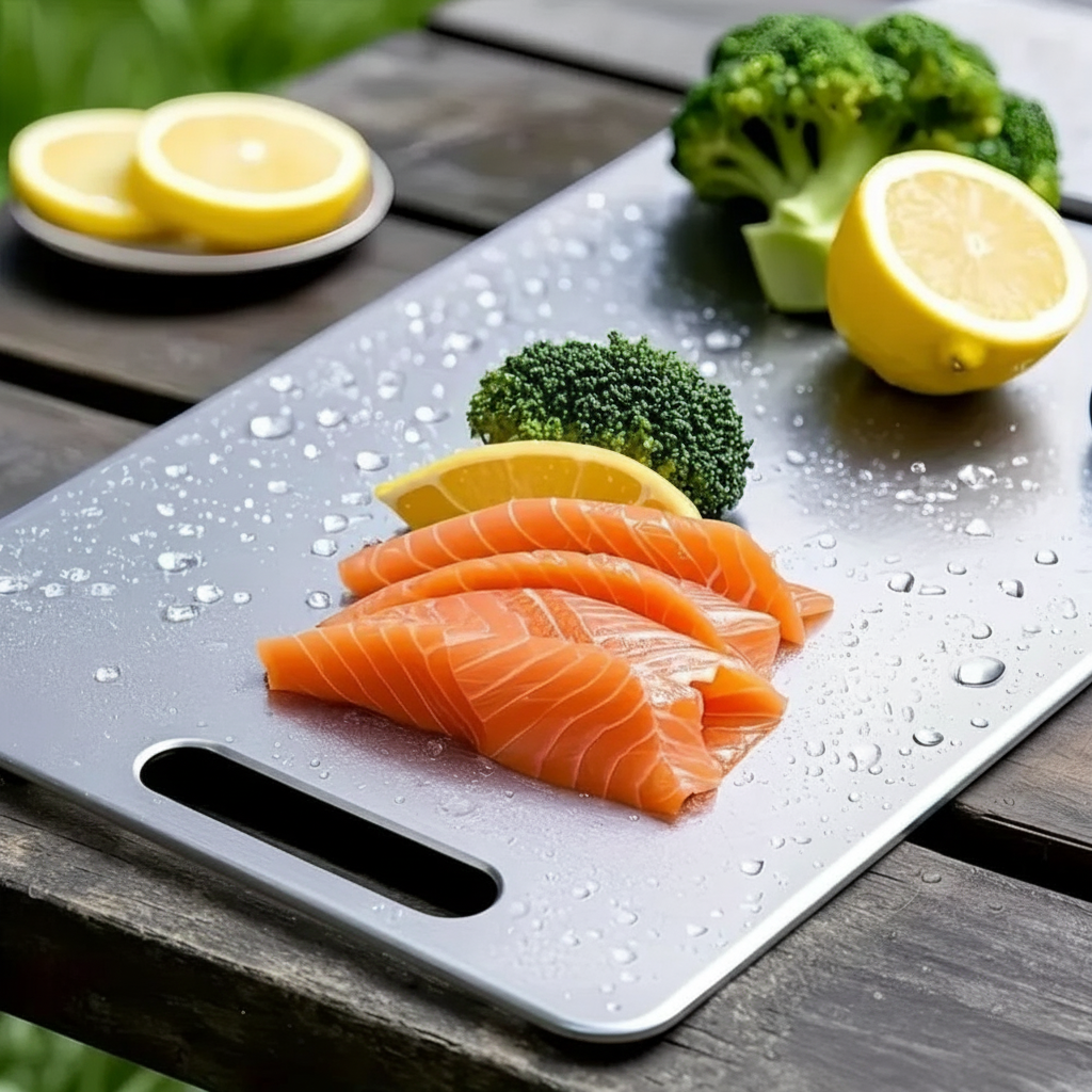 soumon et légumes sur planche a decouper en titane titanecut pro